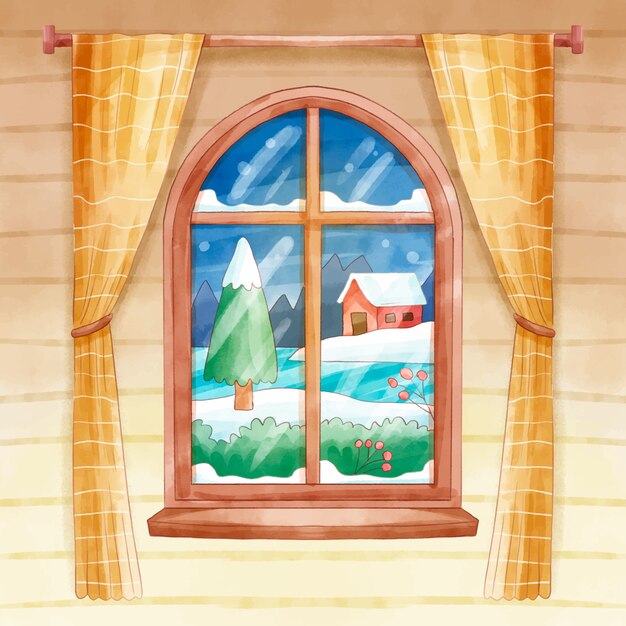 Ilustración de ventana de invierno acuarela