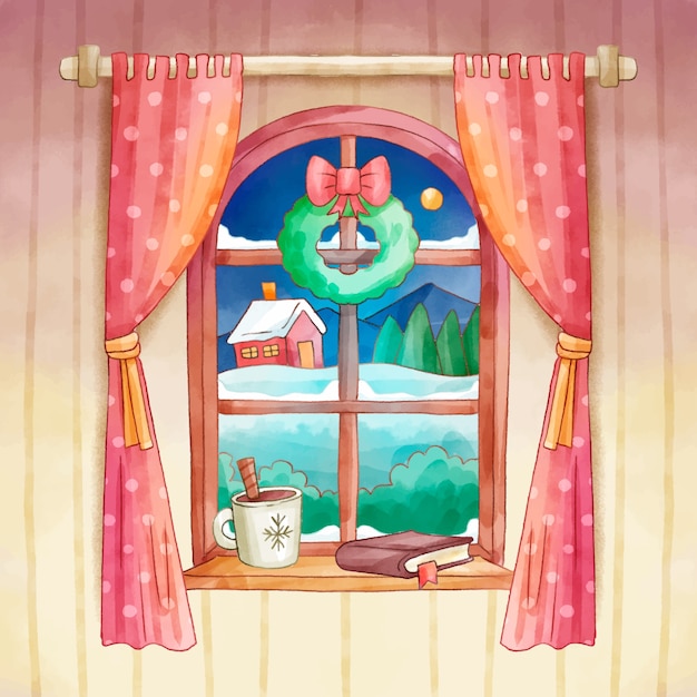 Ilustración de ventana de invierno acuarela