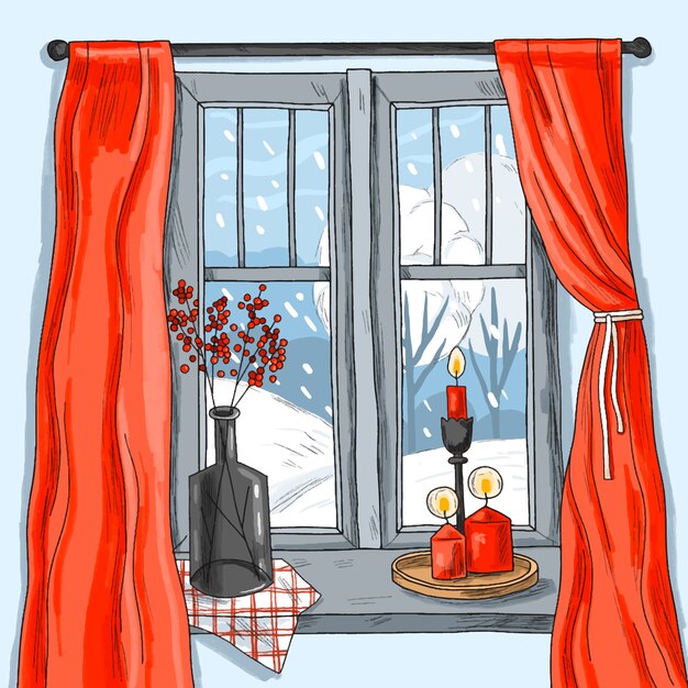Ilustración de ventana de invierno dibujada a mano