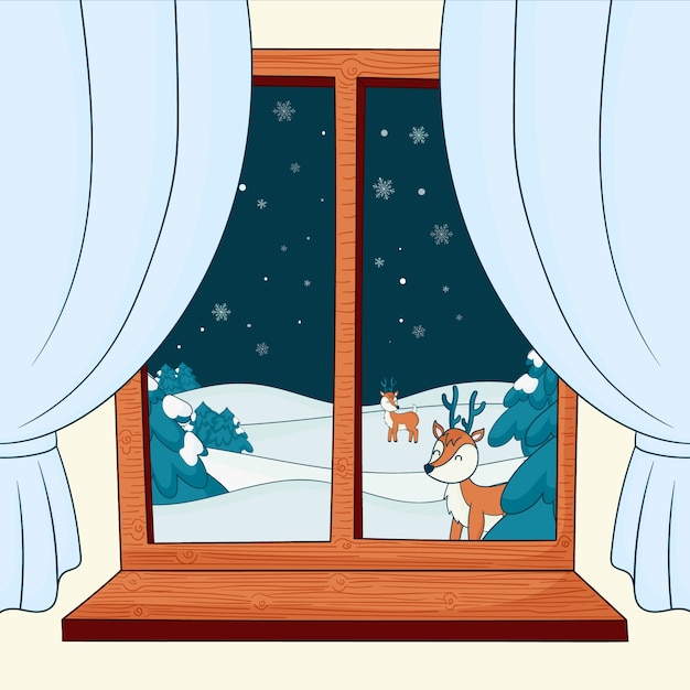 Ilustración de ventana de invierno dibujada a mano