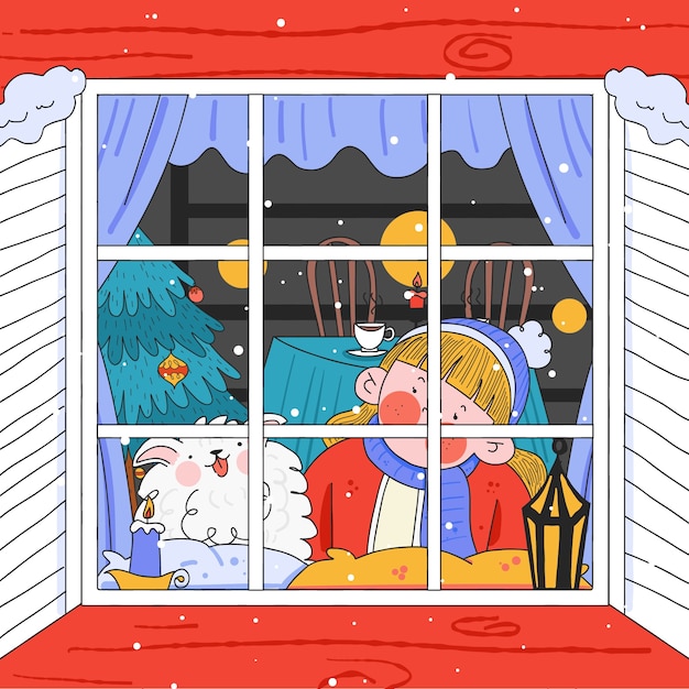 Ilustración de ventana de invierno dibujada a mano