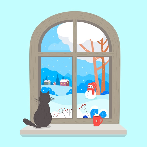 Ilustración de ventana de invierno dibujada a mano