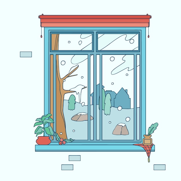 Ilustración de ventana de invierno dibujada a mano