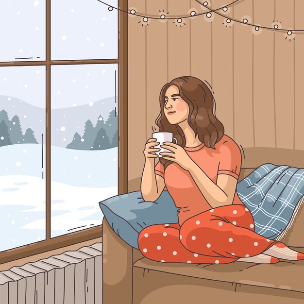 Ilustración de ventana de invierno dibujada a mano