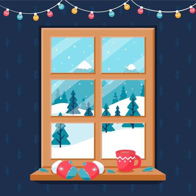 Ilustración de ventana de temporada de invierno plana