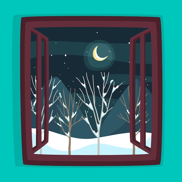 Vector gratuito ilustración de ventana de temporada de invierno plana