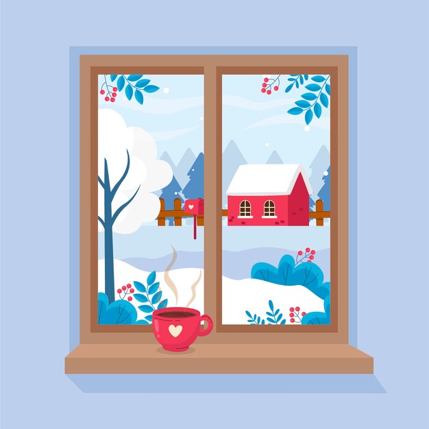 Ilustración de ventana de temporada de invierno plana