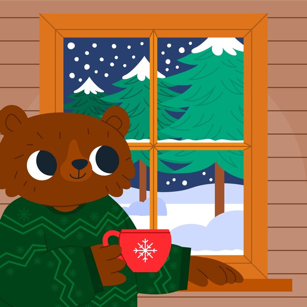 Ilustración de ventana de temporada de invierno plana