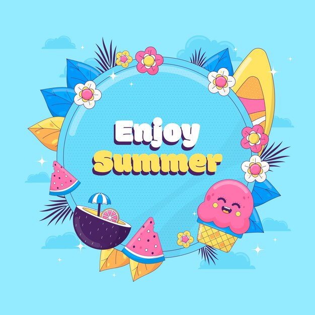 Ilustración de verano dibujada a mano con flores y cóctel
