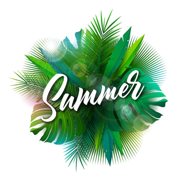 Ilustración de verano con letra de tipografía y plantas tropicales.