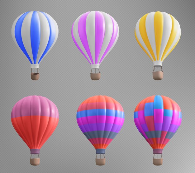 Ilustración de viaje de cesta de globo aerostático de hoy aislado en 3d sobre fondo transparente Aerostato realista en franja roja azul y rosa para aventura y recreación Viaje de ocio en globo de verano