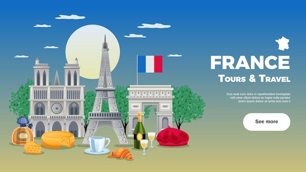 Ilustración de viaje de Francia con lugares de interés y símbolos de cocina planos