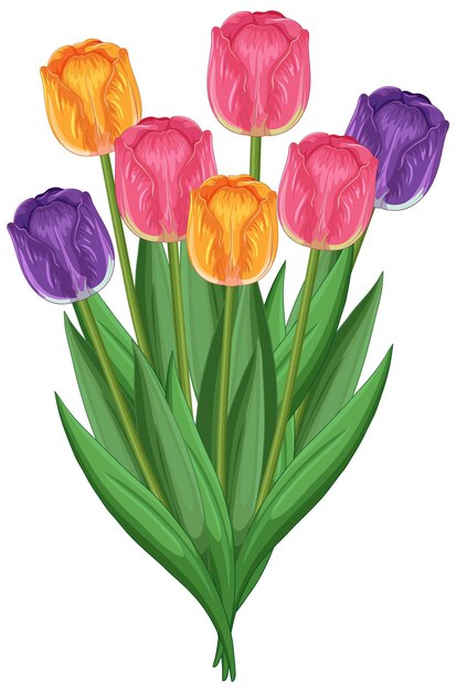 Ilustración de un vibrante ramo de tulipanes con colores atrevidos