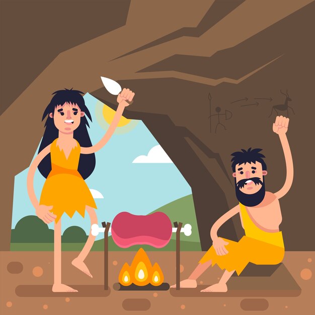 Ilustración de vida paleolítica de diseño plano