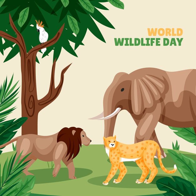 Ilustración de vida silvestre mundial dibujada a mano con flora y fauna