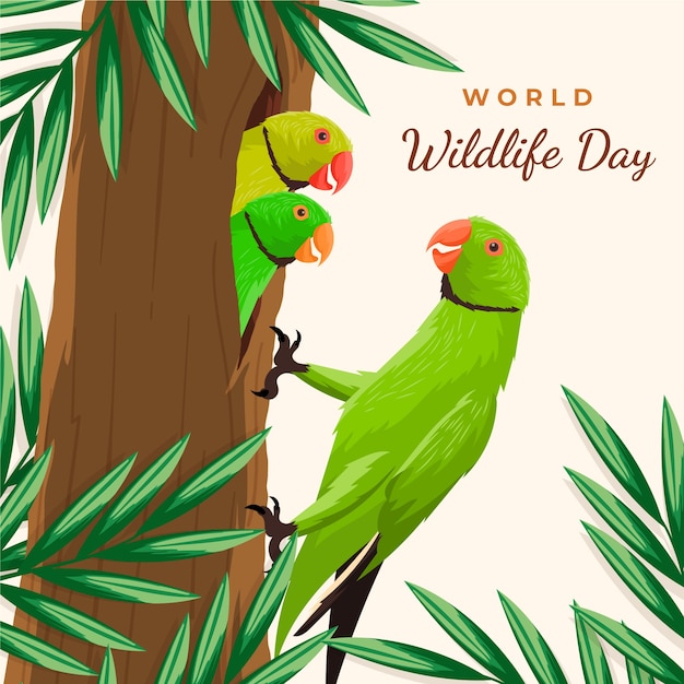 Vector gratuito ilustración de vida silvestre del mundo plano con flora y fauna