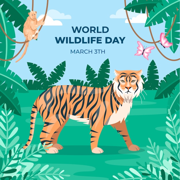 Vector gratuito ilustración de vida silvestre del mundo plano con flora y fauna