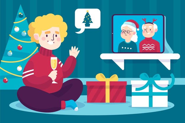 Ilustración de videollamada familiar de navidad