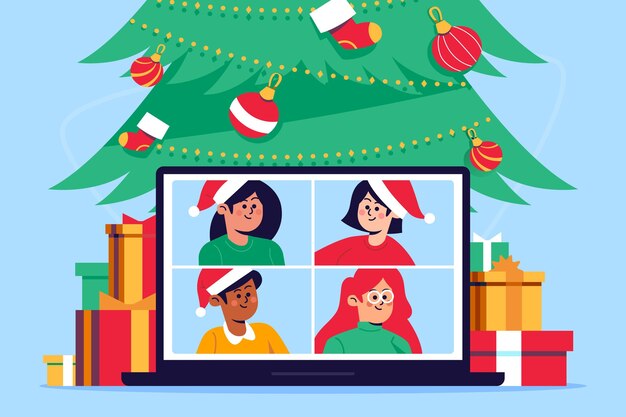 Ilustración de videollamada familiar de navidad