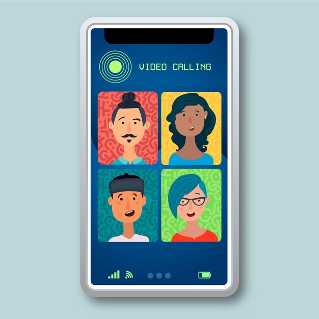 Ilustración de videollamadas de amigos en teléfonos inteligentes