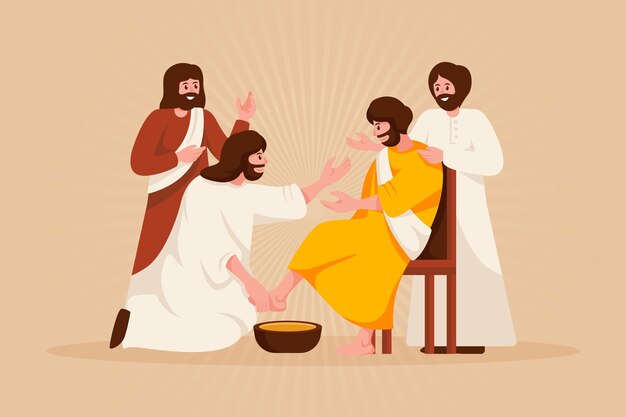 Ilustración de viernes santo con jesús y discípulos lavándose los pies