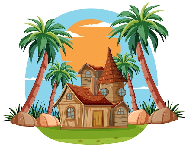 Ilustración de una villa tropical al atardecer