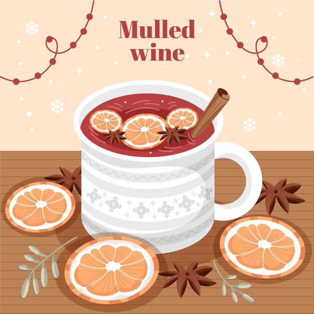 Ilustración de vino caliente caliente navideño plano