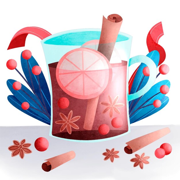 Ilustración de vino caliente de navidad acuarela