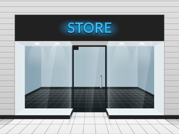 Ilustración de vista frontal de tienda o tienda. Plantilla de fachada de tienda de moda de diseño