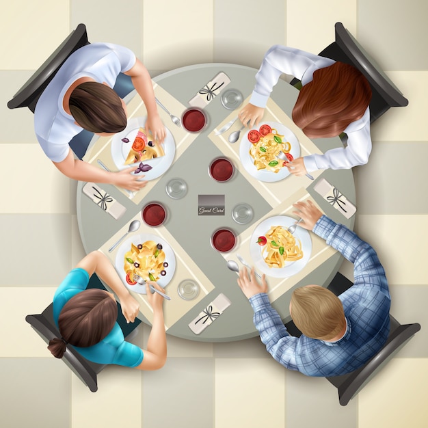 Ilustración de vista superior de personajes comiendo