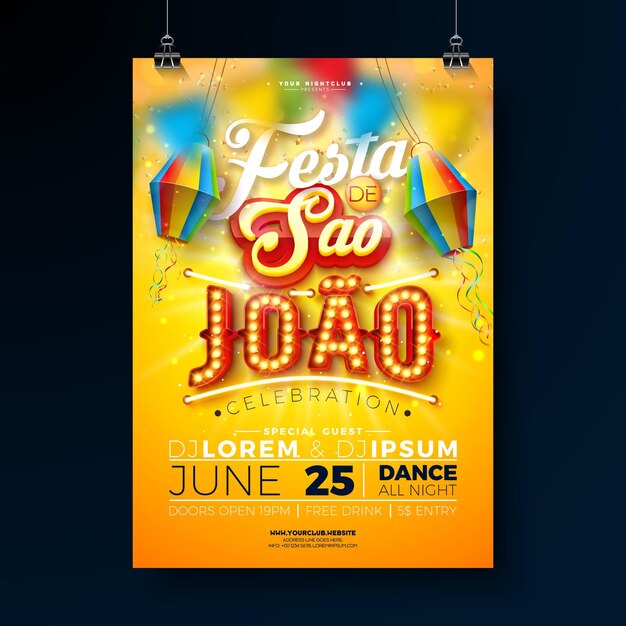 Ilustración de volante de fiesta Festa Junina con linterna de papel y letras de cartelera de bombilla retro