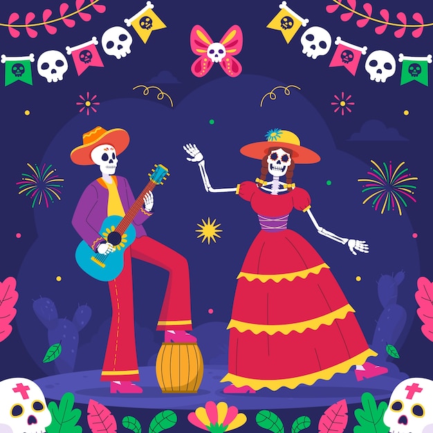 Vector gratuito ilustraciones en caracteres planos para la celebración del día de los muertos