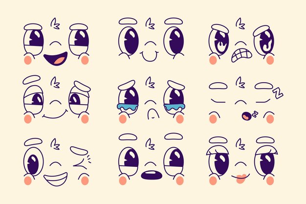 Ilustraciones de caras de dibujos animados retro dibujados a mano
