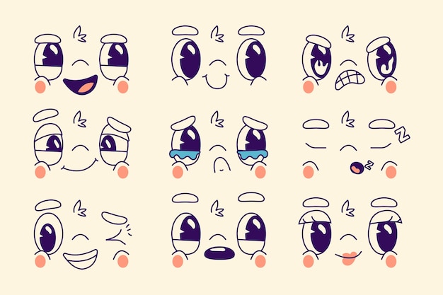 Ilustraciones de caras de dibujos animados retro dibujados a mano