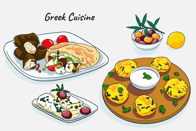 Ilustraciones de cocina griega dibujadas a mano