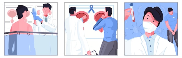 Vector gratuito ilustraciones de cuadrados de salud sexual de hombre con personajes de médico y paciente en el plano interior de la clínica