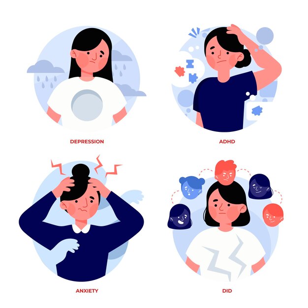 Ilustraciones dibujadas a mano de personas con problemas de salud mental.