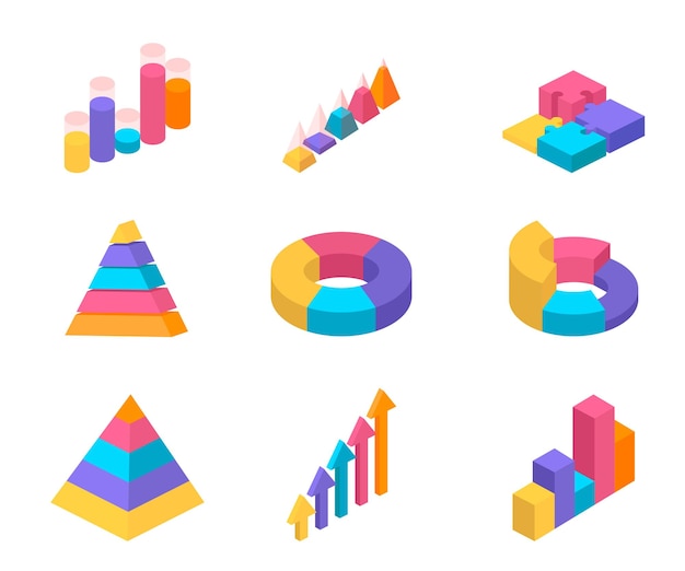 Vector gratuito las ilustraciones de los elementos del gráfico establecen varios tipos de gráficos económicos. visualización de datos. representación de información estadística.