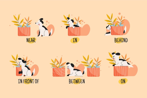 Vector gratuito ilustraciones de english prepositions with dog