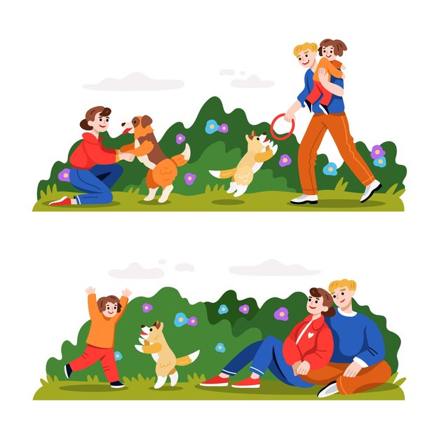 Ilustraciones de familia en el parque dibujados a mano