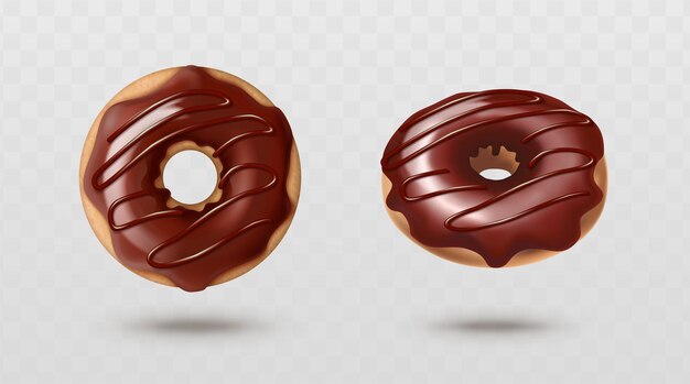 ilustraciones de iconos vectoriales realistas rosquilla esmaltada recién horneada en chocolate en la parte superior y lateral