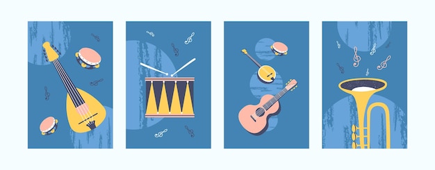 Ilustraciones de instrumentos musicales en colores pastel.