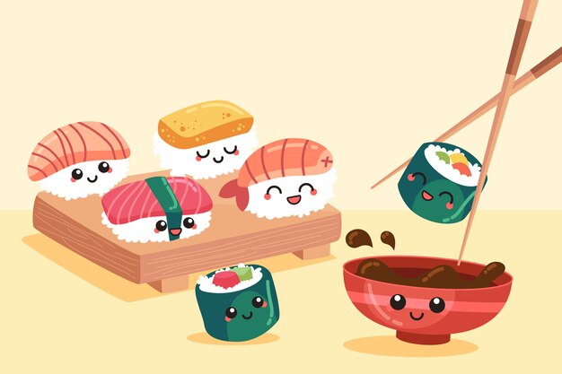 Ilustraciones kawaii de diseño plano dibujado a mano