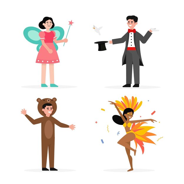 Ilustraciones planas de personajes de carnaval con disfraces.