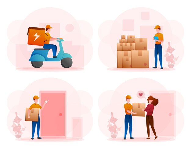 Ilustraciones planas vectoriales de vehículos de entrega aislados del concepto de transporte comercial logístico de entrega de motocicletas