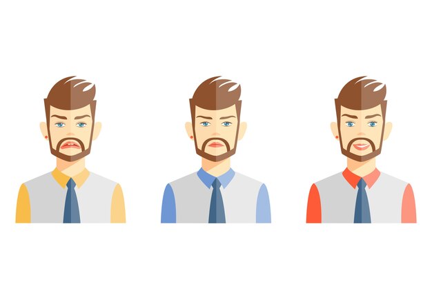 Ilustraciones vectoriales de joven barbudo que expresa diferentes emociones en blanco