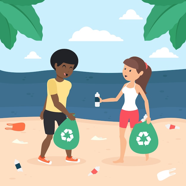 Ilustrado joven y mujer limpiando la playa