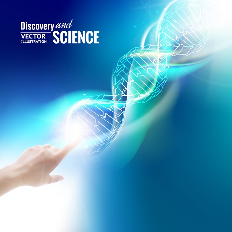 Imagen del concepto de ciencia de la mano humana tocando el ADN.