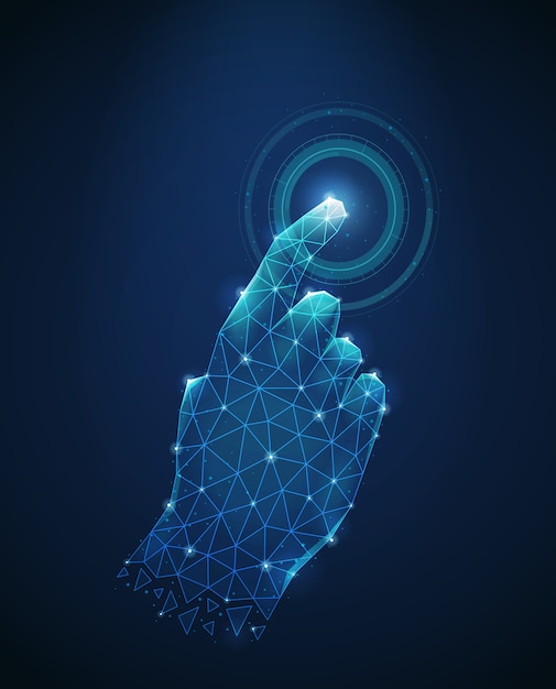 Imagen de estructura metálica poligonal del tacto de la mano humana a la pantalla electrónica ilustración vectorial abstracta