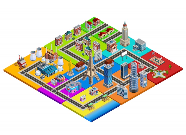Imagen isométrica colorida del constructor del mapa de la ciudad